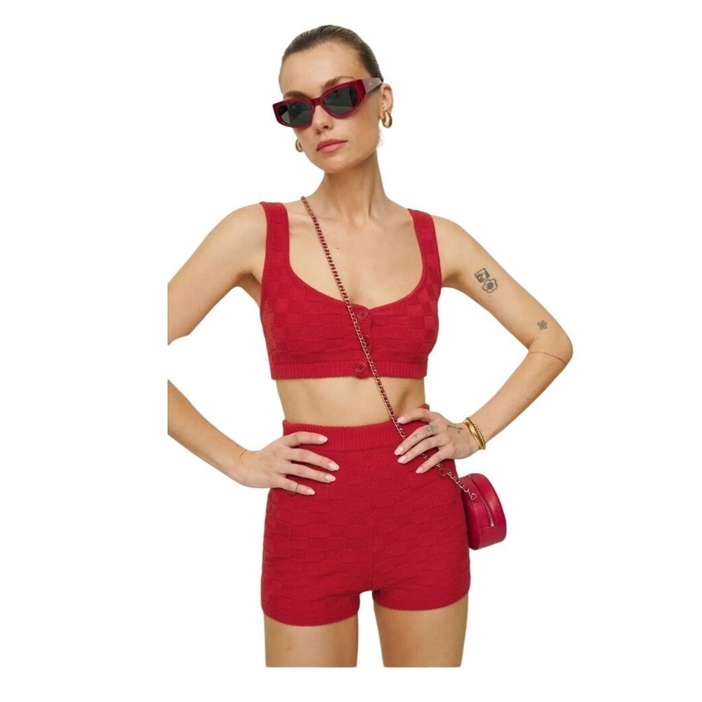Reformation Red Knit Crop Tank and High-Waist Shorts Set